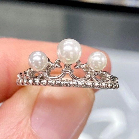 Genuine Freshwater Pearl Princess 3 Stone Crown Ring in 925 Sterling Silver - Picture 10 of 12